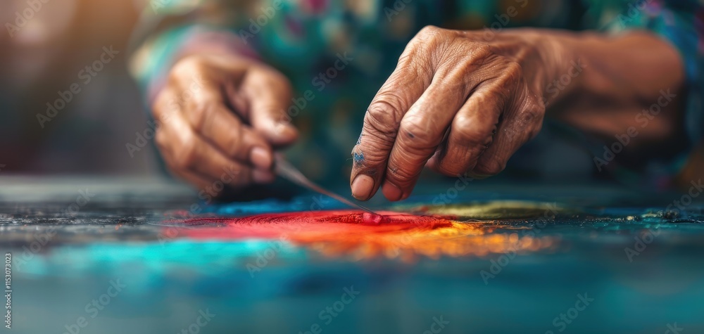 Artisan hands creating colorful patterns on a surface. Artisan hands creating colorful patterns on a surface.