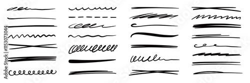 Line pen brush marker stroke underline vector set. Hand drawn doodle sketch pen brush stroke scribble underline. Marker emphasis doodle sketch grunge highlight. Vector illustration