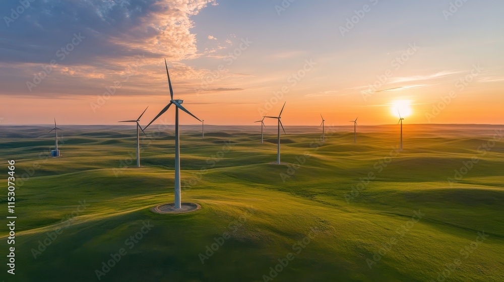 A stunning sunset view over a landscape dotted with wind turbines, showcasing renewable energy and nature's beauty. A stunning sunset view over a landscape dotted with wind turbines, showcasing renewable energy and nature's beauty.