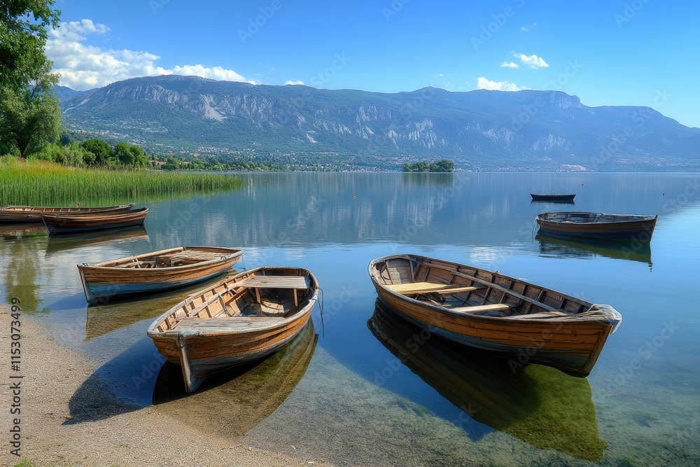 Calm lake with wooden boats, mountains, and clear water. Calm lake with wooden boats, mountains, and clear water.