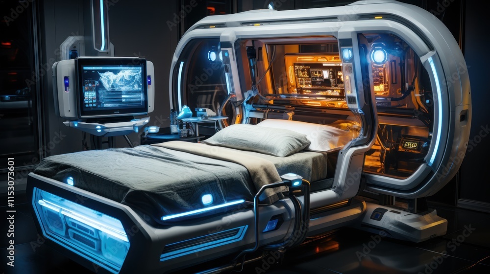 Fototapeta premium Futuristic Medical Bed: Advanced Healthcare in a Sci-Fi Setting