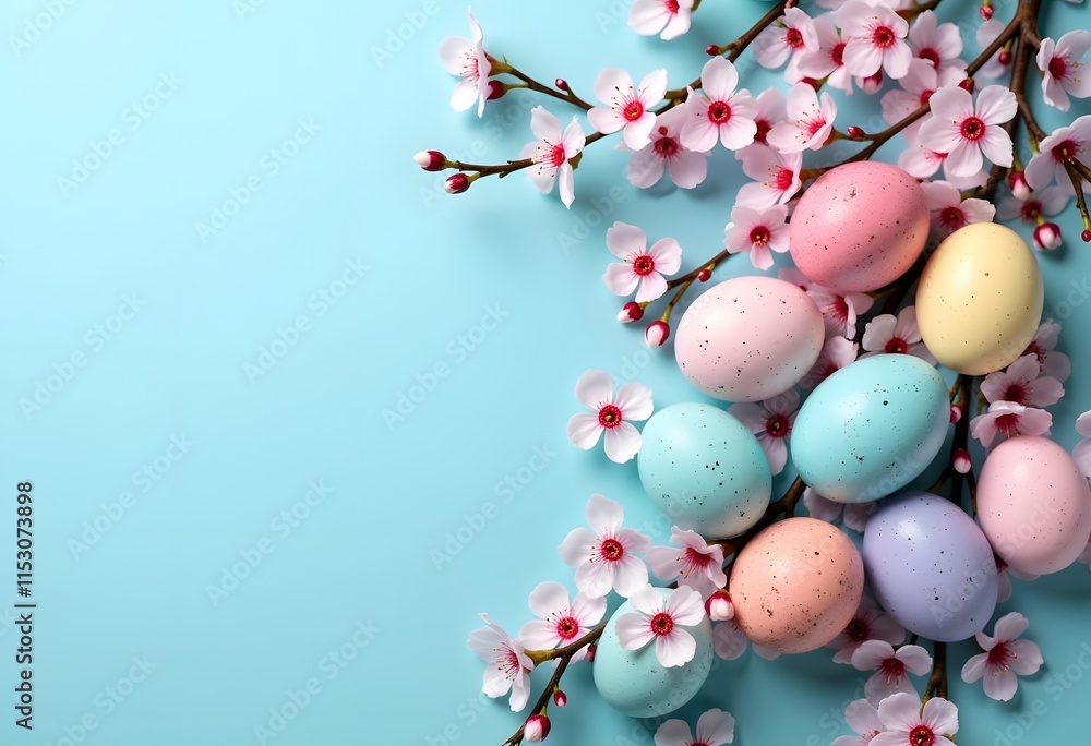 Obraz premium Easter eggs with cherry blooming. spring mood 