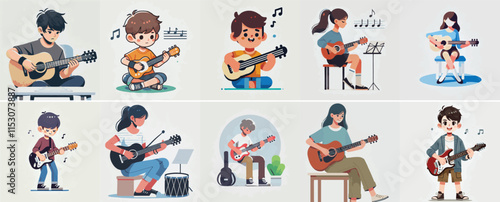 vector set of a teenager playing a musical instrument with a simple flat design style