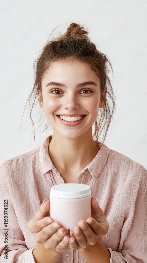 Smiling Woman Holding a Pink Cream Jar Beauty Skincare Product Advertisement Smiling Woman Holding a Pink Cream Jar Beauty Skincare Product Advertisement
