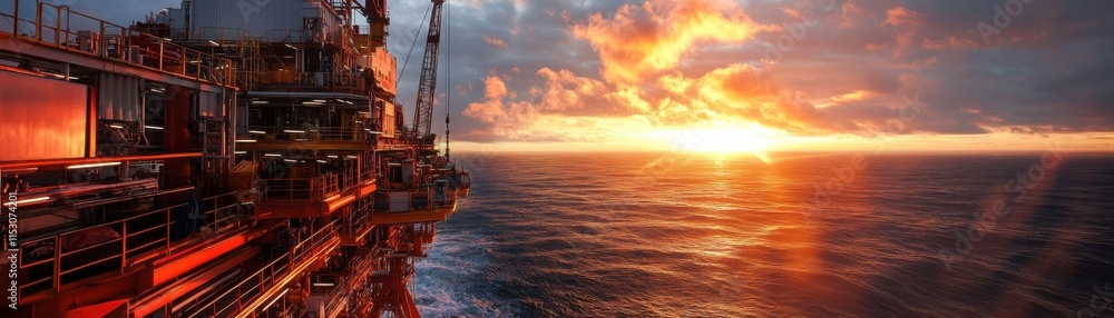 Obraz premium An offshore oil rig against a breathtaking sunset over the ocean, showcasing industrial progress and natural beauty.