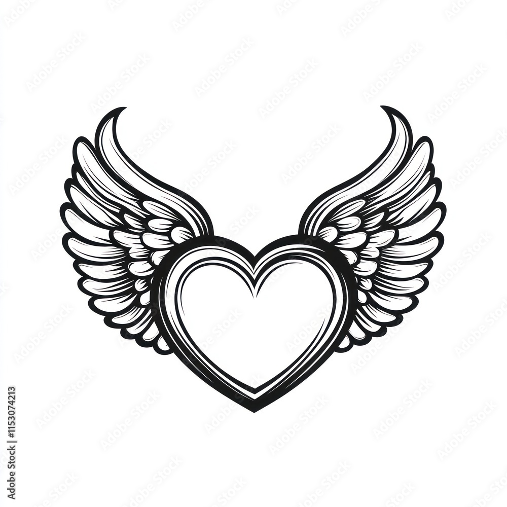 Fototapeta premium Winged heart, love symbol, black and white illustration.