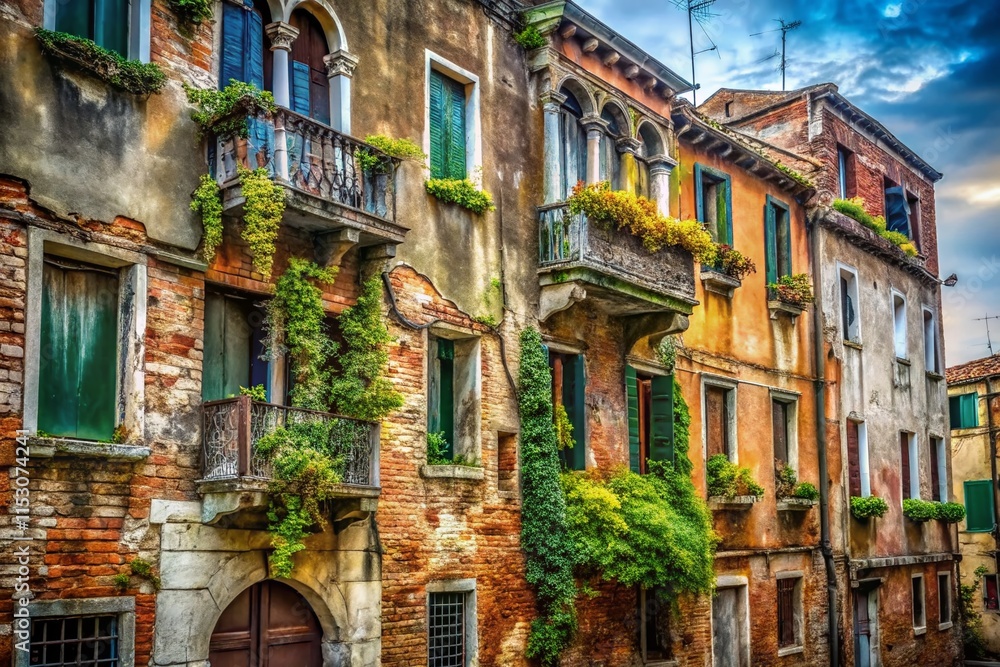 Obraz premium Decaying Venetian Buildings: High-Resolution Stock Photo of Aged Architecture in Venice, Italy
