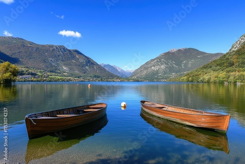 Calm lake with two wooden boats and mountain view.