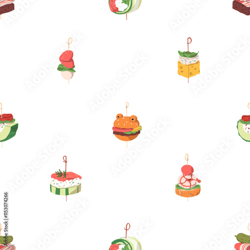 Finger food, seamless pattern. Mini canapes, tapas, banquet appetizers and starters, cold snacks on toothpicks, endless background. Repeating print for wrapping design. Flat vector illustration