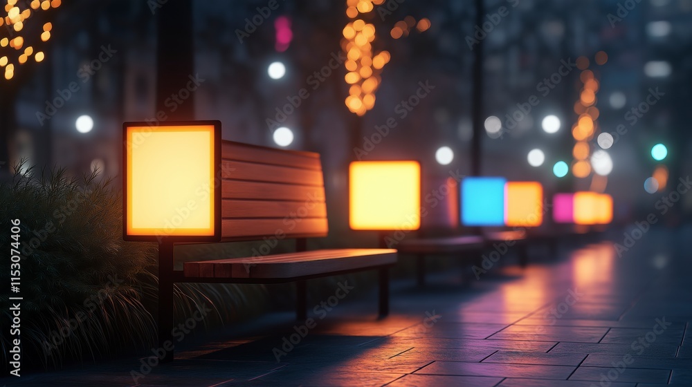 Futuristic City Park with Retro Style Benches and Colorful Lights at Night, Showcasing a Serene Urban Atmosphere with Gigapixel Detail Futuristic City Park with Retro Style Benches and Colorful Lights at Night, Showcasing a Serene Urban Atmosphere with Gigapixel Detail