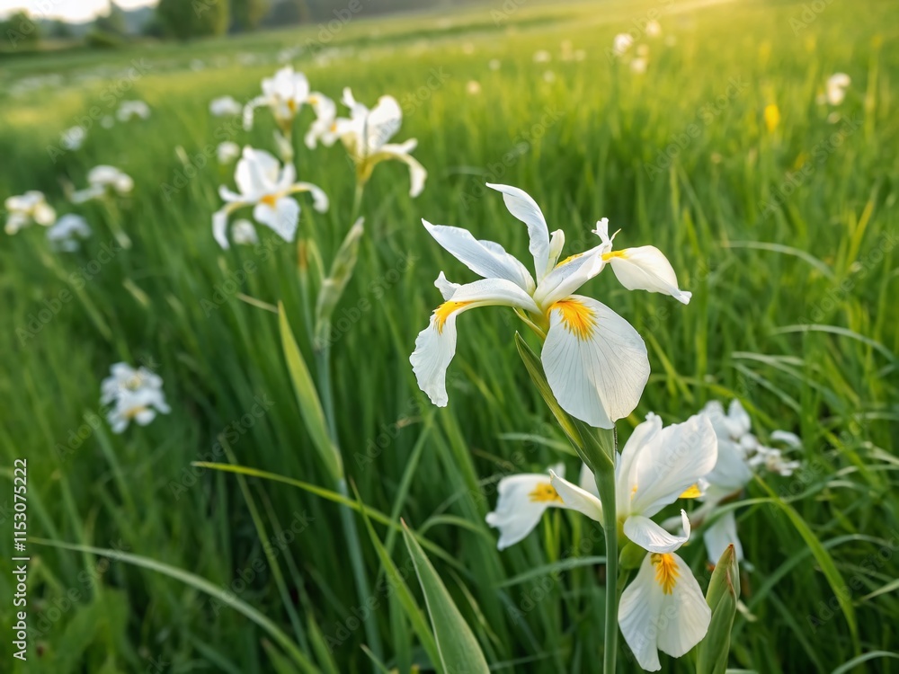 Delicate White & Yellow Irises Blooming in Lush Green Field - Macro Photography Delicate White & Yellow Irises Blooming in Lush Green Field - Macro Photography