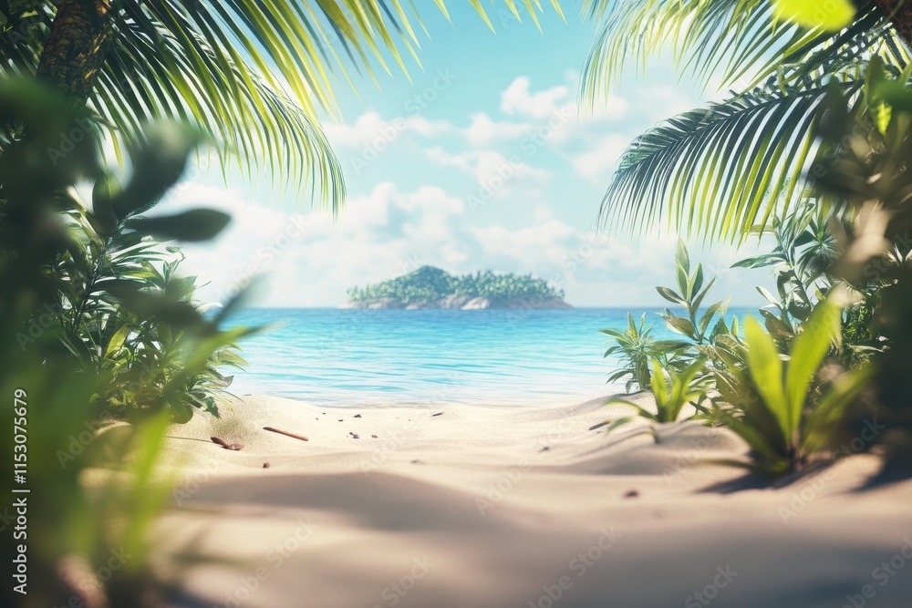 Naklejka premium Tropical beach scene with island view through palm trees.