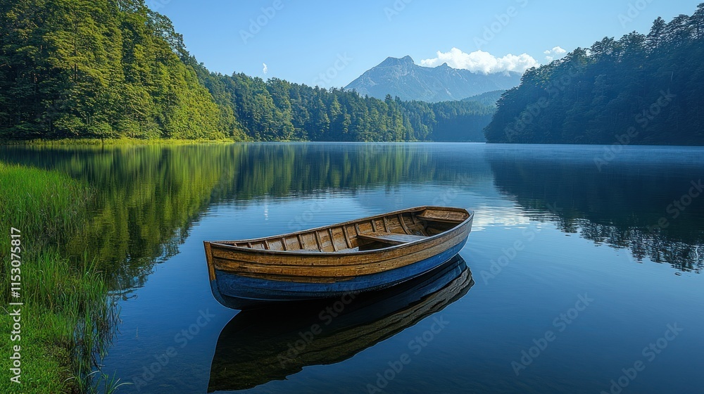 A serene lake with a wooden boat surrounded by lush trees and mountains in the background. A serene lake with a wooden boat surrounded by lush trees and mountains in the background.
