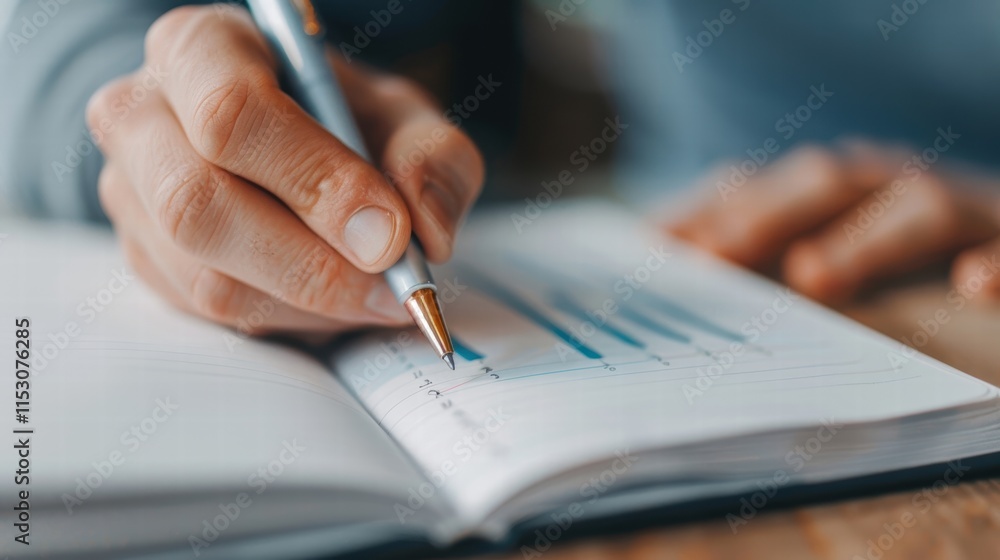 A person writing in a notebook with graphs and data analysis. A person writing in a notebook with graphs and data analysis.