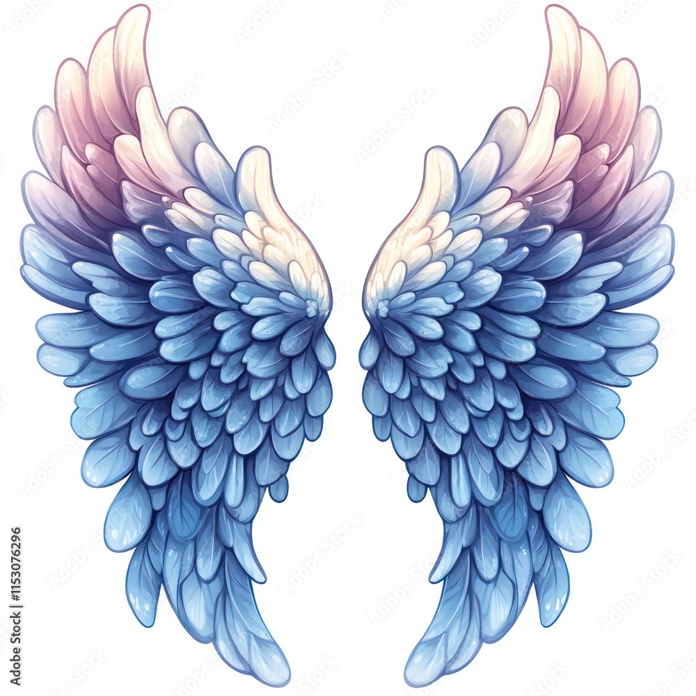 Fototapeta premium Pair of pastel blue and purple angel wings with detailed feather texture.