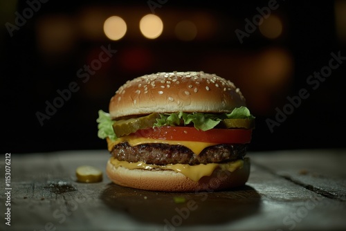 Juicy cheeseburger on rustic wood. (3) photo