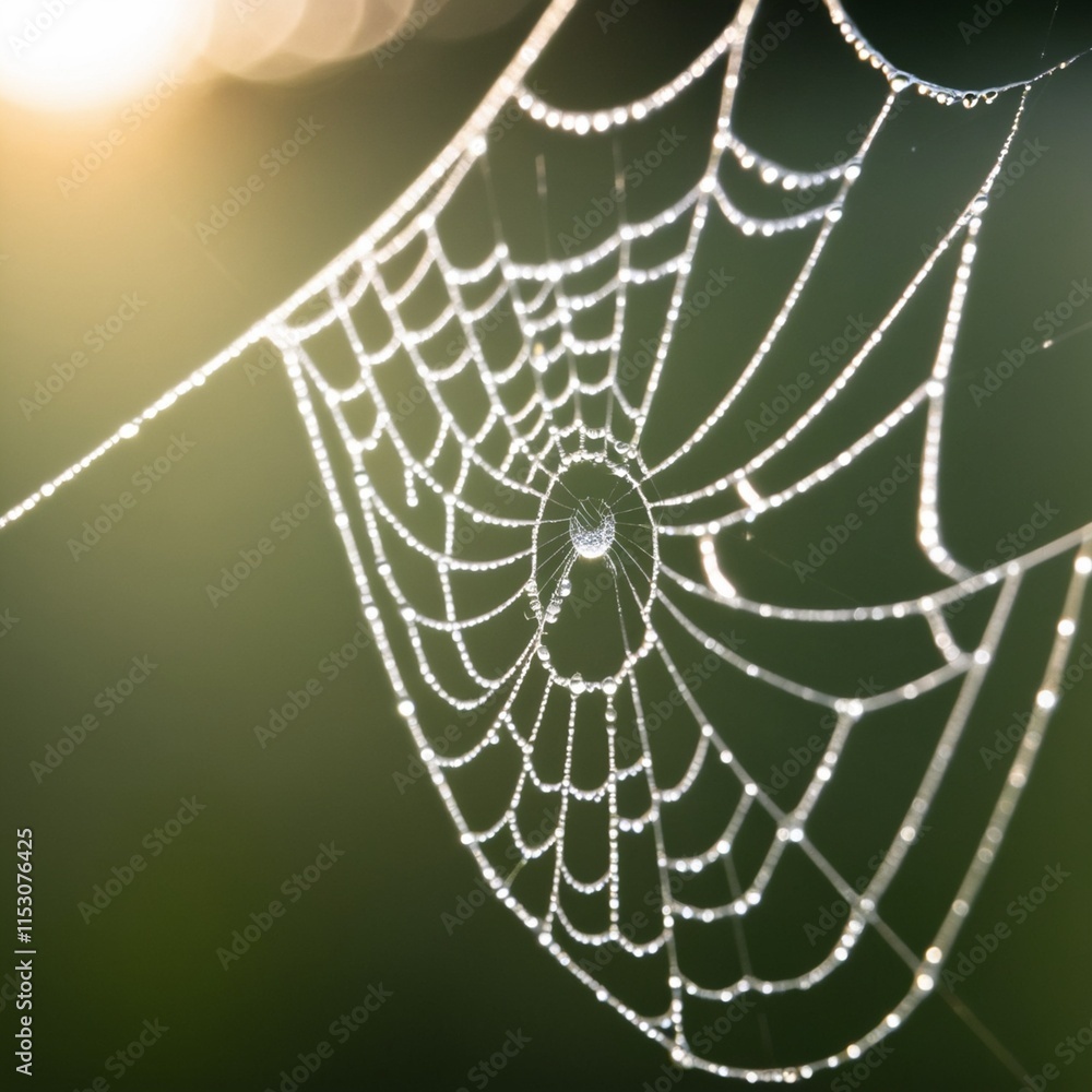 Naklejka premium A macro shot of dew drops glistening on a spider web in the early morning light, with a blurred green background.