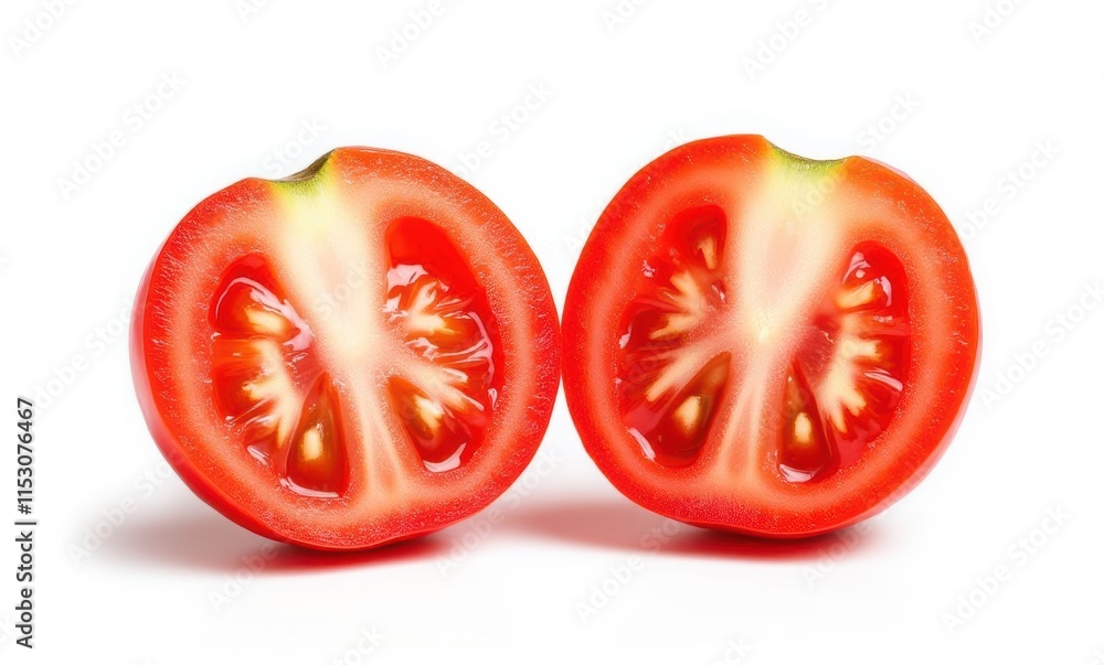 Fresh red tomatoes, sliced in half Fresh red tomatoes, sliced in half