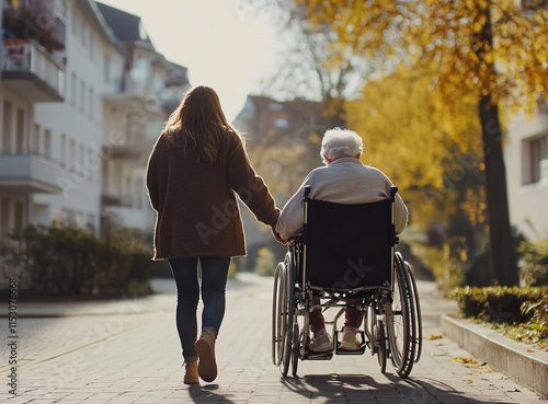 Young woman assisting elderly lady in wheelchair on a scenic path.