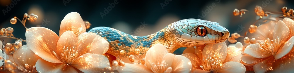 Fototapeta premium Bright blue snake among delicate flowers symbolizes prosperity for Chinese New Year 2025
