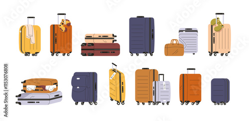 Luggage, carry-on and hand baggage set. Trolley suitcases, travel bags, spinner wheeled rolling cases with handles and locks, packed for trip. Flat vector illustration isolated on white background