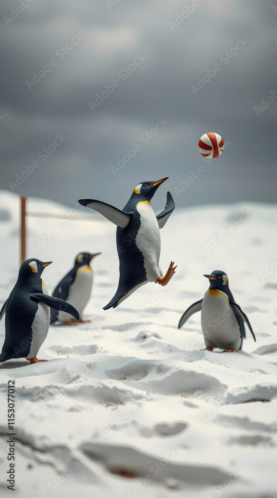 Fototapeta premium penguins playing beach volleyball on a snowy tundra