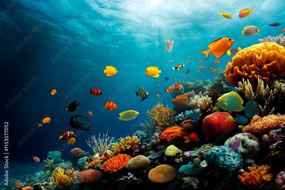 Naklejka premium A vibrant underwater scene showcasing colorful coral reefs and diverse tropical fish in a sunlit ocean environment.