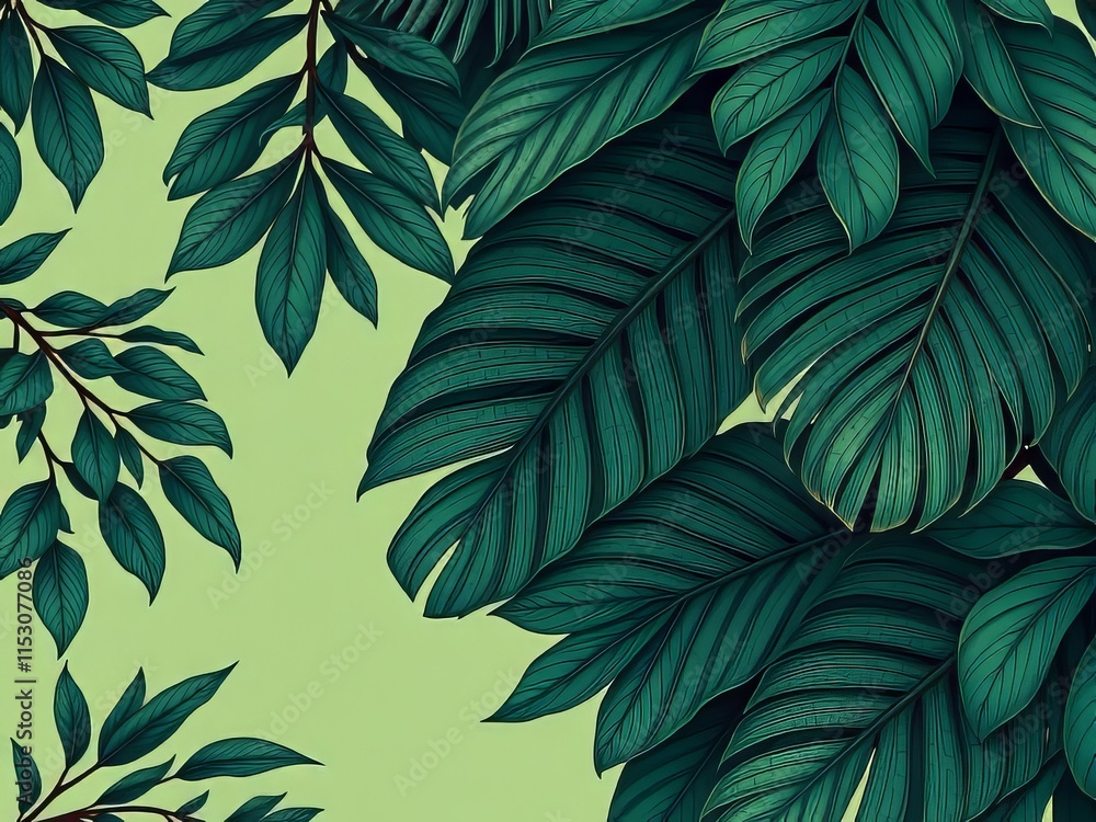Fototapeta premium Tropical foliage, abstract line art, low-light, elegant wallpaper.