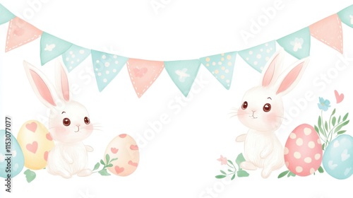 Cute and Colorful Easter Bunnies with Decorative Banners and Eggs in a Bright, Cheerful Spring Theme for Festive Celebrations and Holiday Decorations photo