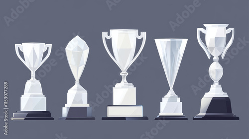 Glass award trophy set. Transparent prize template. Winner first place concept. Vector illustration. Winner glass trophy. First place award, crystal prize and signed acrylic trophies. Glass awarding t