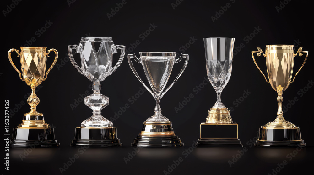 Glass award trophy set. Transparent prize template. Winner first place concept. Vector illustration. Winner glass trophy. First place award, crystal prize and signed acrylic trophies. Glass awarding t Glass award trophy set. Transparent prize template. Winner first place concept. Vector illustration. Winner glass trophy. First place award, crystal prize and signed acrylic trophies. Glass awarding t