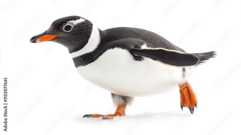Fototapeta premium Gentoo Penguin Waddling on Snow, Isolated White Background