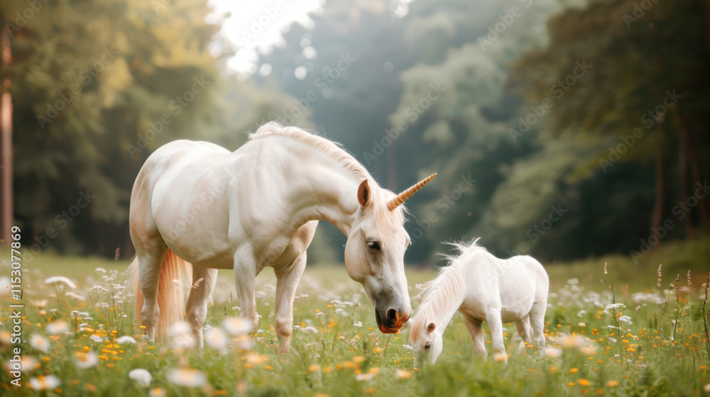 Naklejka premium Unicorn white horses family standing in grass field meadow eating grass in the wild and pasture in natural sunset with cloud and blue sky on hill