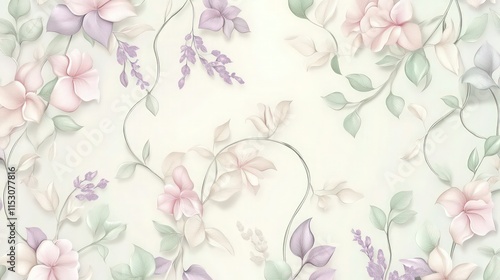 Wallpaper Mural A seamless pattern featuring organic floral designs with soft, flowing petals and leaves in pastel shades of pink, lavender, and mint green.  Torontodigital.ca