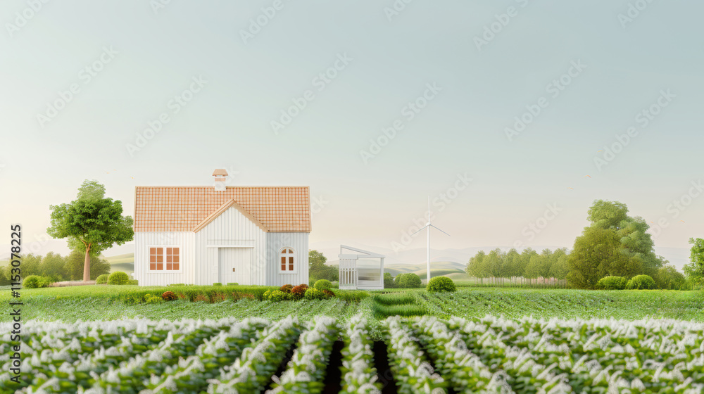 Beautiful cozy white house with windmill in flower field in countryside Beautiful cozy white house with windmill in flower field in countryside