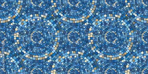 Seamless pattern blue Circular Mosaic. Decorative Antique Stone Ornament.