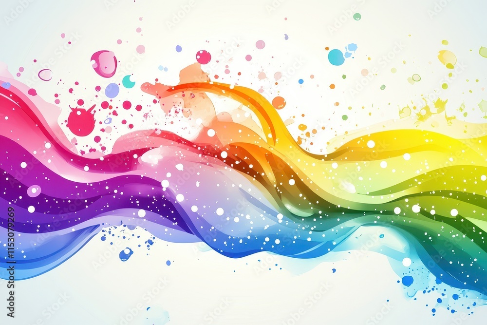 Colorful wave abstract background with paint splatters and sparkles.