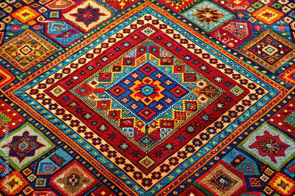 Kazakh Rug Pattern, Bird's Eye View, Geometric Art, Vivid Colors Kazakh Rug Pattern, Bird's Eye View, Geometric Art, Vivid Colors