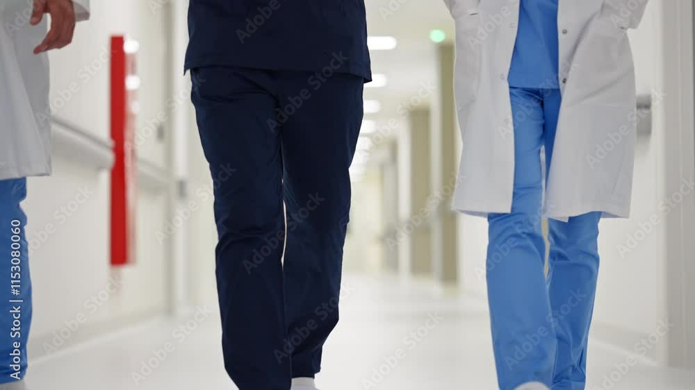Medical professionals walking through a hospital corridor, dressed in scrubs and lab coats, conveying teamwork and focus in a healthcare setting. Concept of collaboration and patient care. Medical professionals walking through a hospital corridor, dressed in scrubs and lab coats, conveying teamwork and focus in a healthcare setting. Concept of collaboration and patient care.