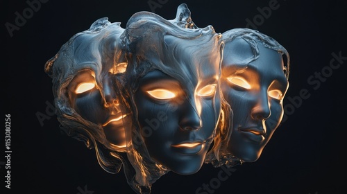A surreal latex mask with three abstract faces, melting textures, and glowing edges, isolated on a black background