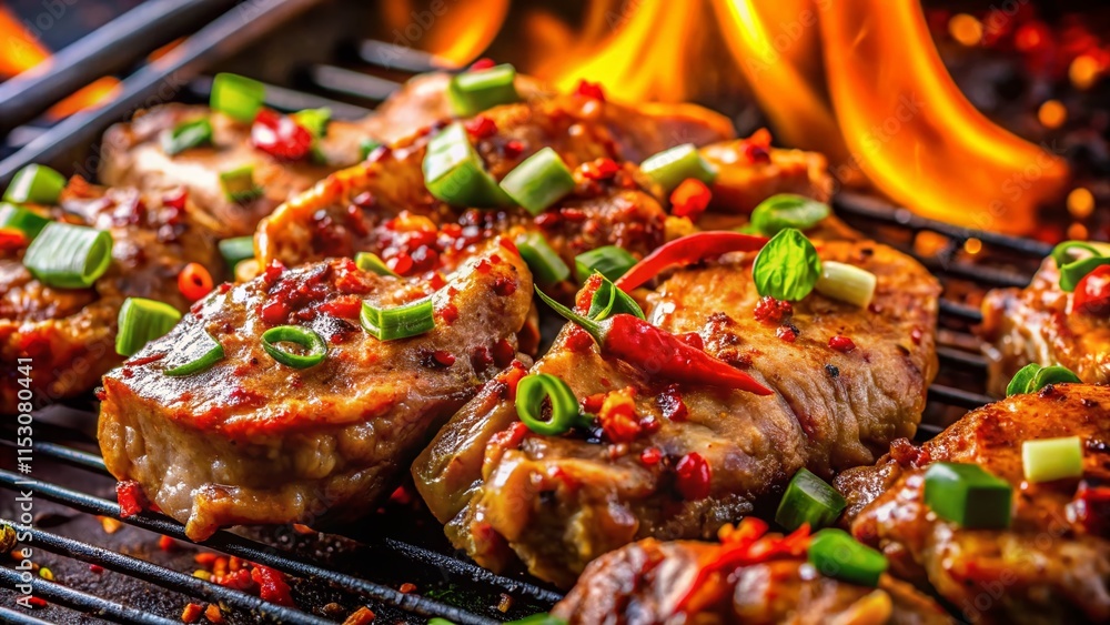 Delicious Grilled Pork with Spicy Thai Sauce - Candid Food Photography Delicious Grilled Pork with Spicy Thai Sauce - Candid Food Photography