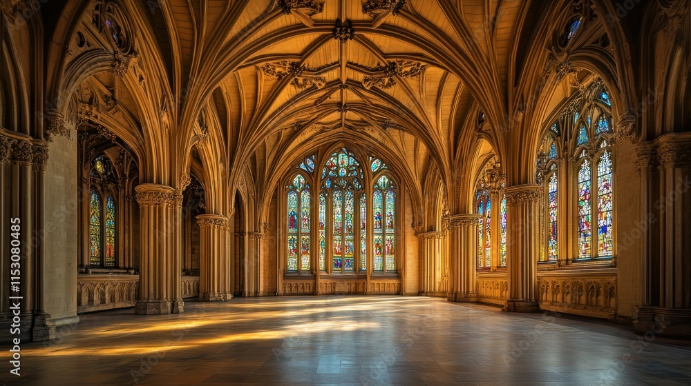 An intricate view of the Chapel of the Constables, showcasing its ornate Gothic arches and stained glass windows, bathed in soft light An intricate view of the Chapel of the Constables, showcasing its ornate Gothic arches and stained glass windows, bathed in soft light