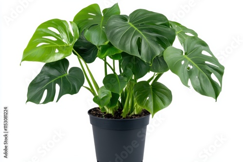 Lush green Monstera deliciosa plant in a black pot against a white background. photo