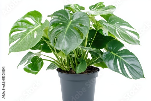 Lush green Monstera deliciosa plant in a dark gray pot, isolated on white background. (1) photo