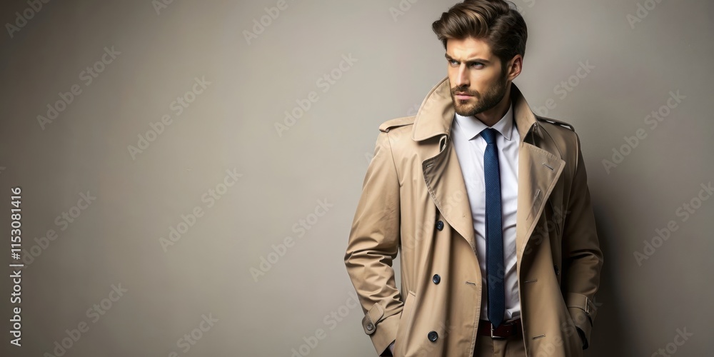 Fototapeta premium Stylish man in pent coat and tie with trendy hairstyle standing against neutral backdrop, fashion, formal, classy