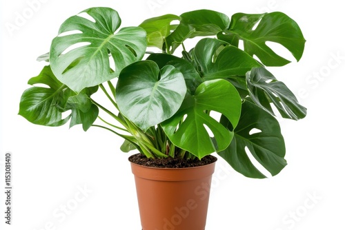 Lush green Monstera deliciosa plant in a terracotta pot, isolated on white background. (2) photo