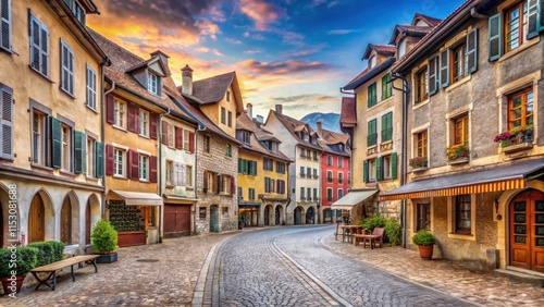 Fototapeta Naklejka Na Ścianę i Meble -  Cobblestone streets and half-timbered houses in Annecy Vieille Ville , building, old town,  building, old town, roof