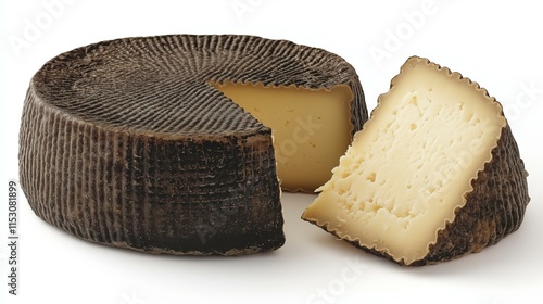 Whole and sliced Manchego cheese with a ridged texture on white background