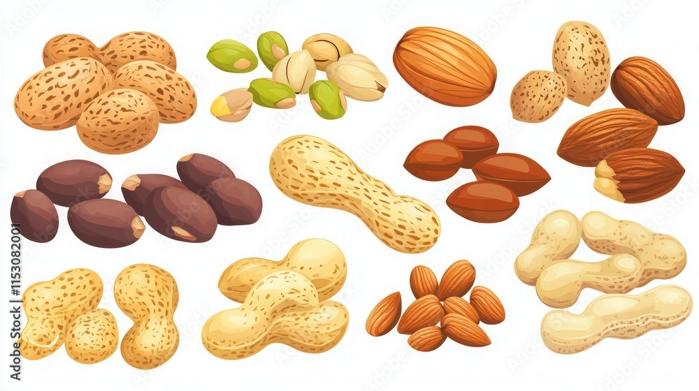A vibrant vector illustration of a variety of nuts and seeds arranged in a clean, organized set on a white background. A vibrant vector illustration of a variety of nuts and seeds arranged in a clean, organized set on a white background.