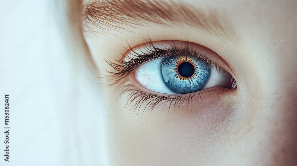 Obraz premium Close-up of a beautiful woman's blue eye with a contact lens, against a white background